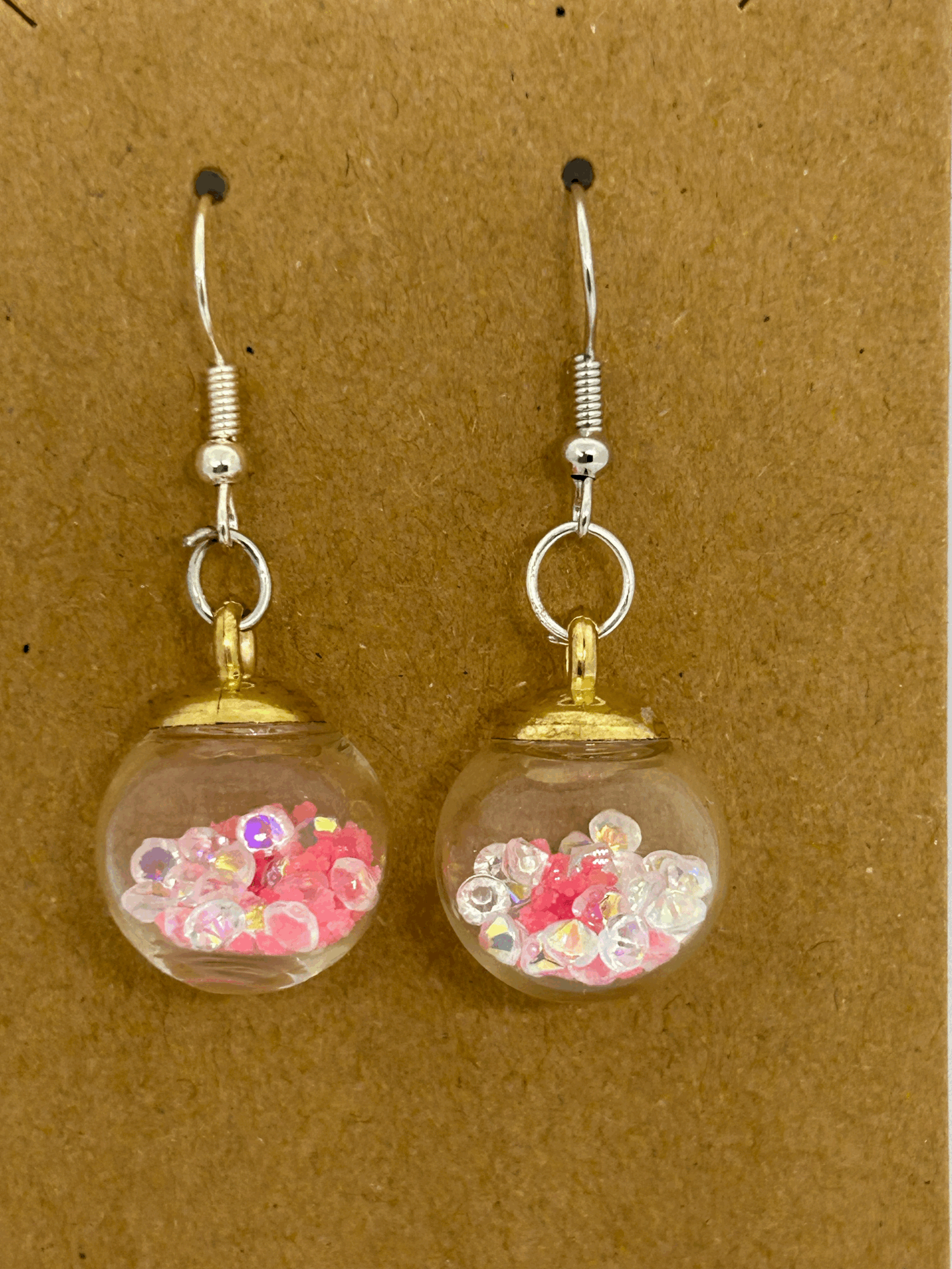 Pink and white crystal glass globe earrings
