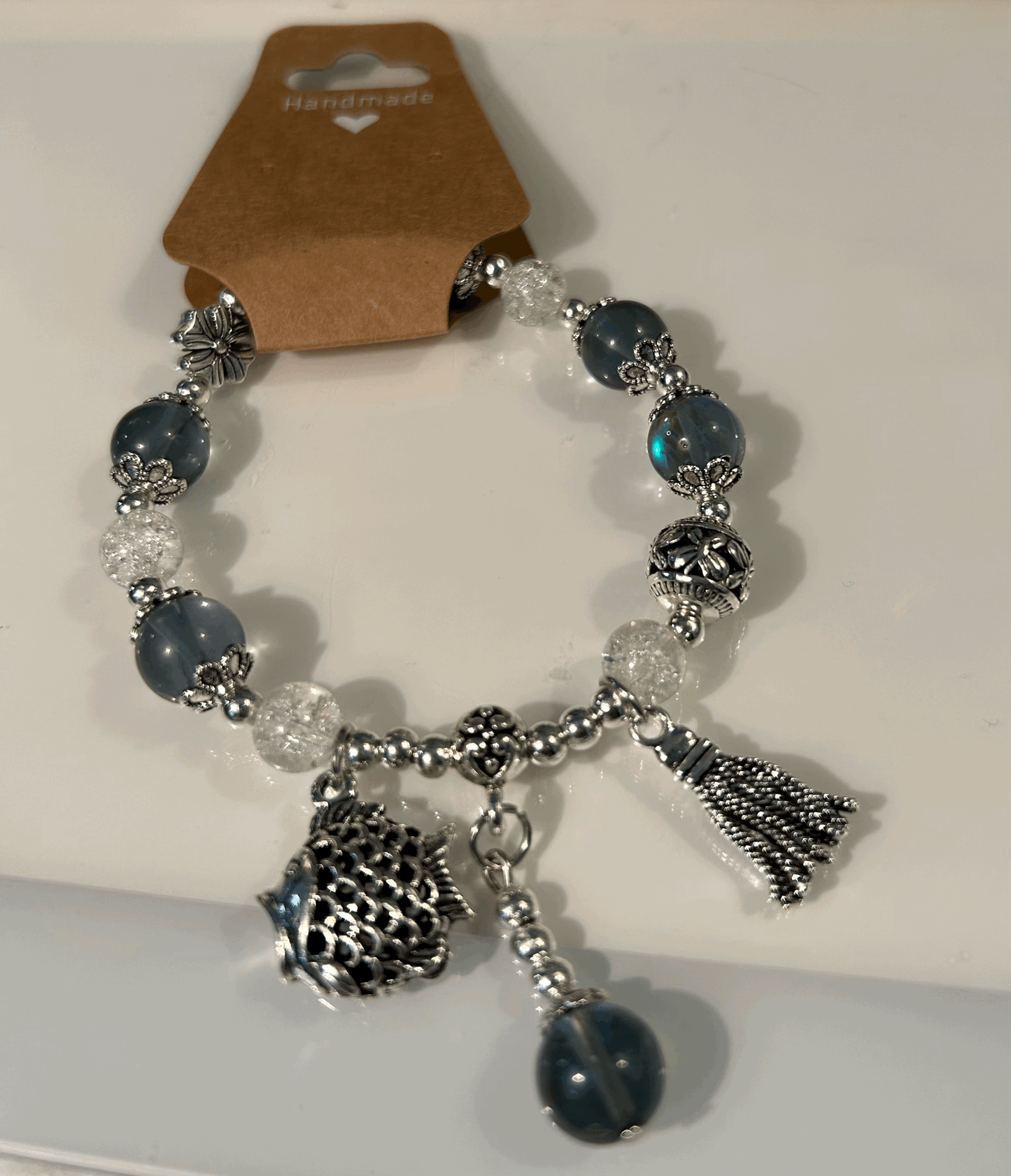 Dark smokey blue and silver with fish Charm