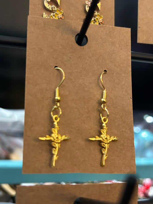 Gold rose cross earring