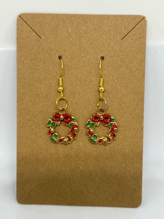 Red and gold mini wreath earrings
