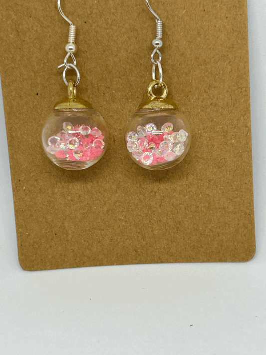 Pink and white crystal glass globe earrings