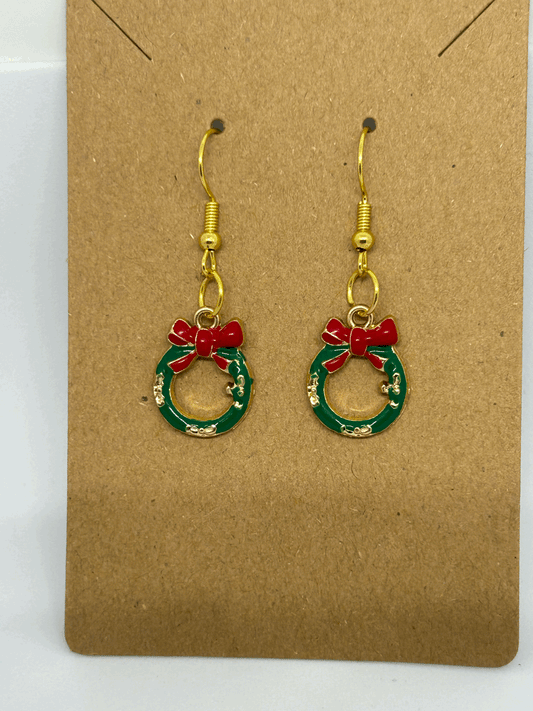 Green miniture  wreath  with a red bow  earring