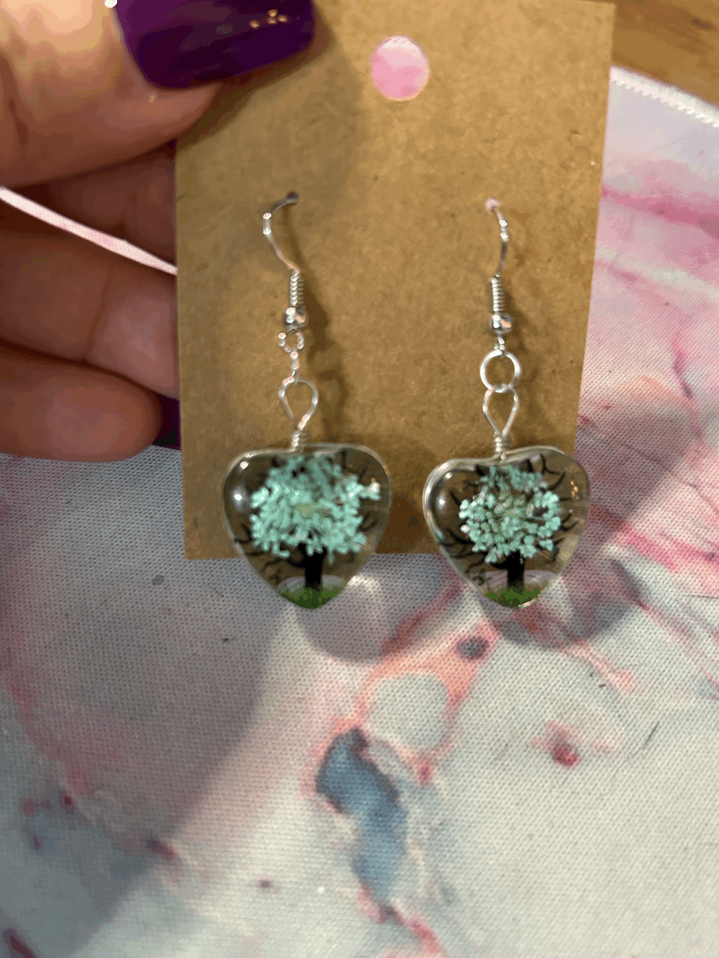 Blue glass heart cherry blossom earrings